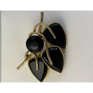 Vintage CAPRI Brooch Pin Black  Glass Goldtone Leaf Branch  2”